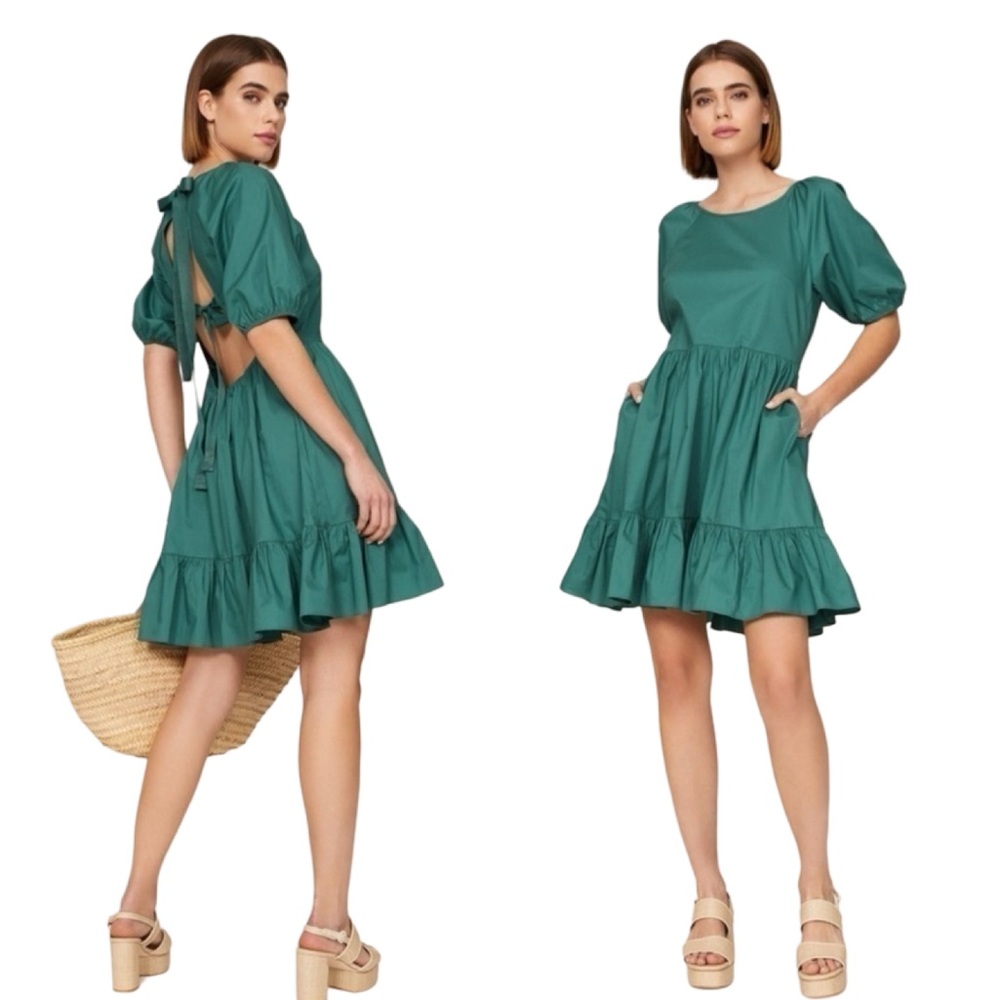 Peter Som Puff Sleeve Ruffle Hem Open Back Cutout Babydoll Mini Dress size 10